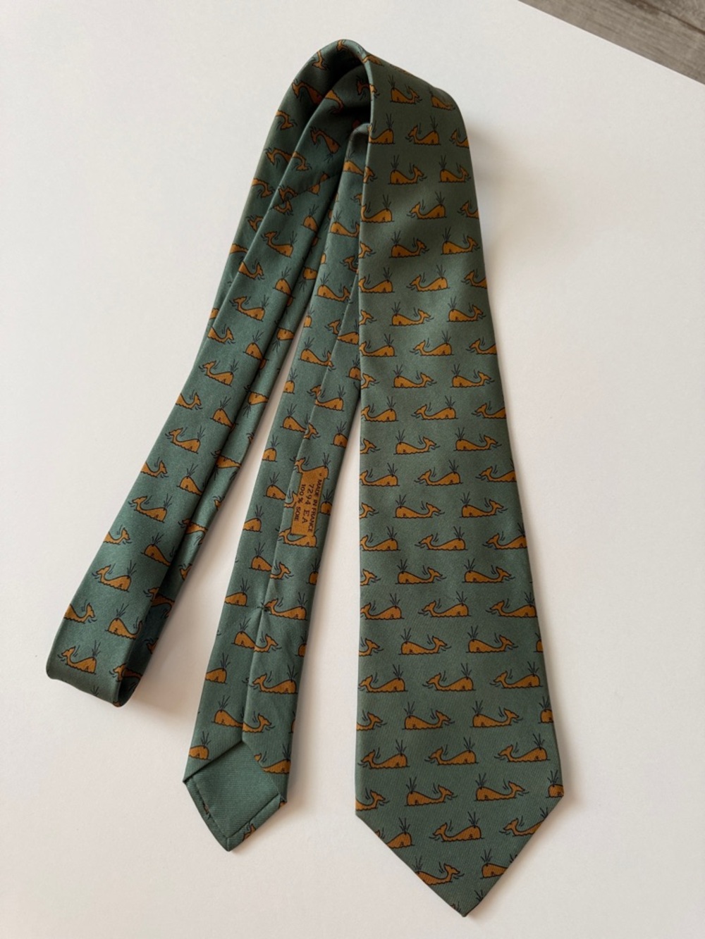 Hermès Paris Vintage Silk Tie 7294 EA Spouting Whale Sage Green Nautical